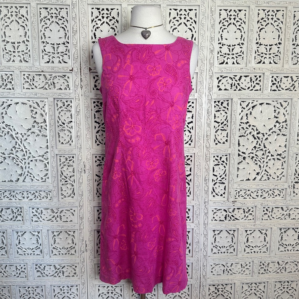 Vintage Kim‎ Rogers Linen Blend Pink Paisley Floral Shift Style Dress Sz Small